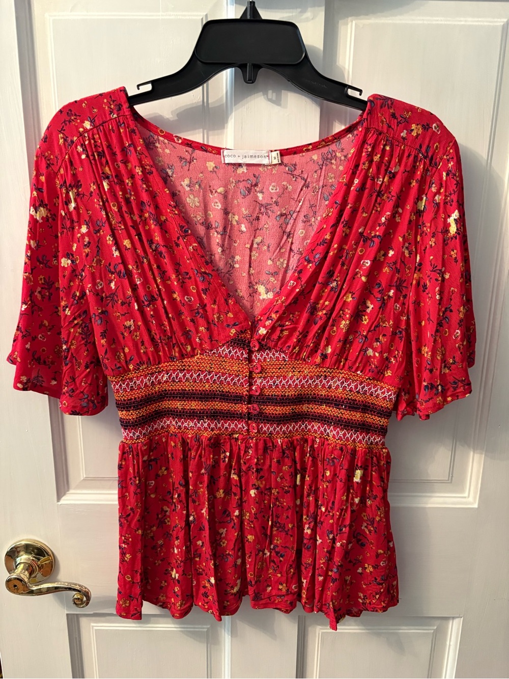 coco + jaimeson Red Floral Short Sleeve V-Neck Peplum Tee